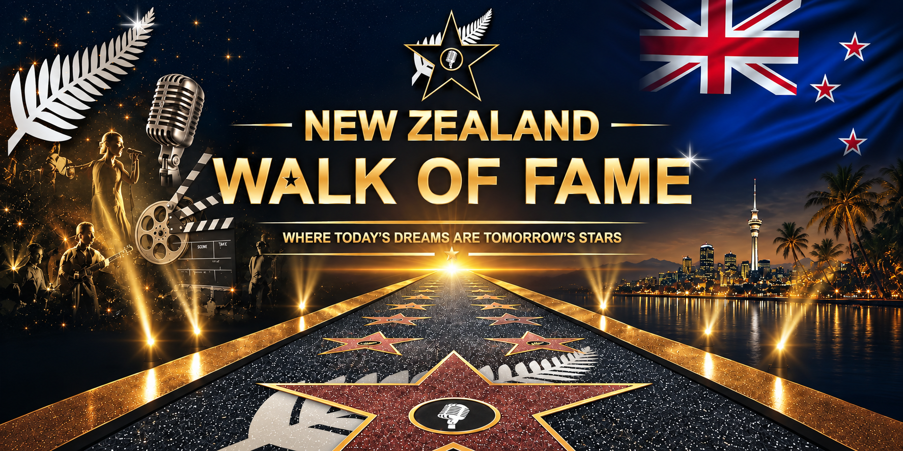 New Zealand Walk of Fame — a golden avenue of stars leading to the Auckland skyline, with silver fern, microphone, film reel and the New Zealand flag