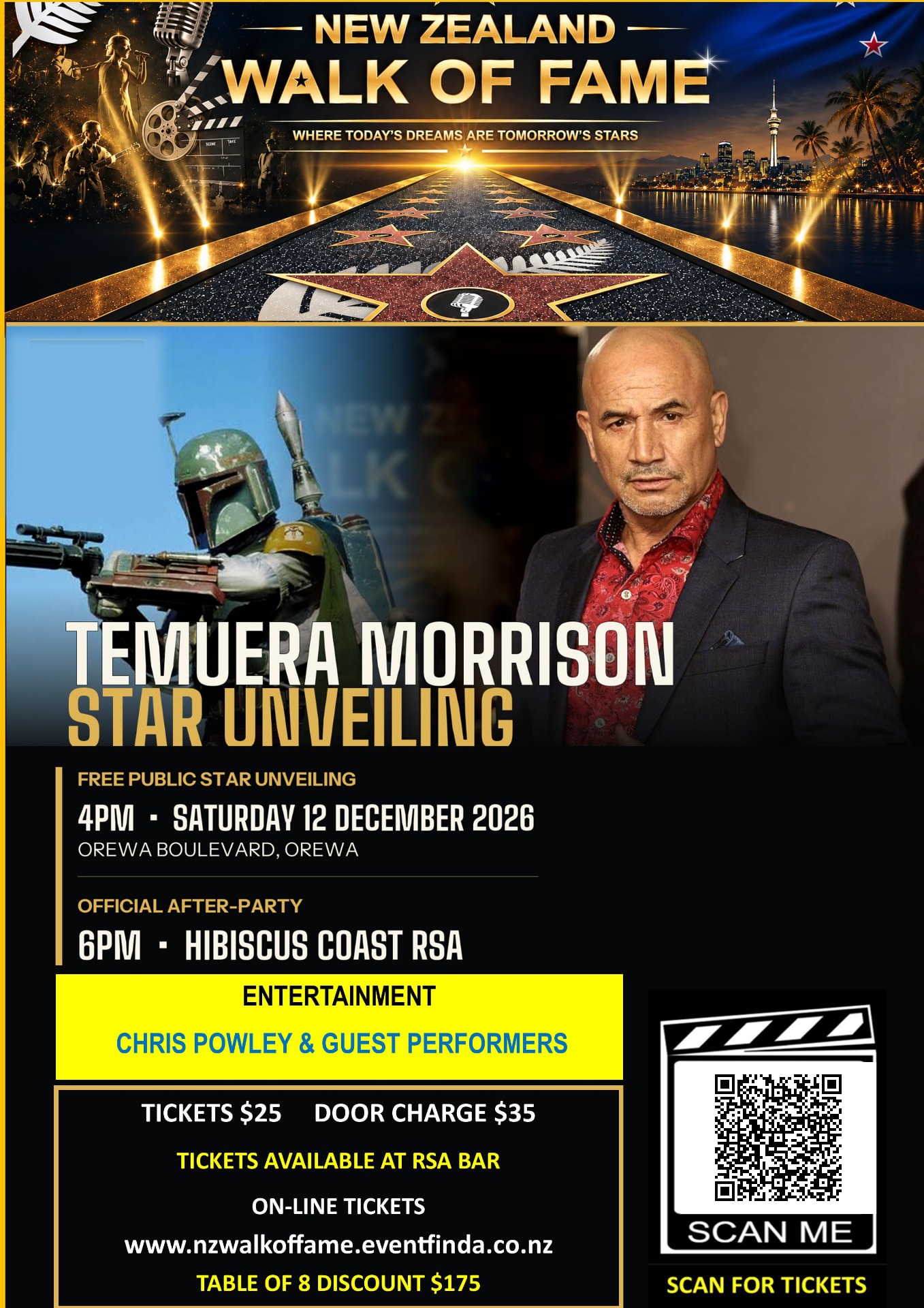 Temuera Morrison star unveiling poster — Saturday 12 December 2026, 4pm at Orewa Boulevard; after-party at 6pm at Hibiscus Coast RSA